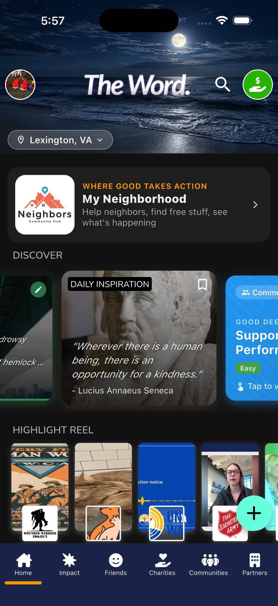 The Word — Lexington, VA home in dark mode with night-sky banner and Daily Inspiration card