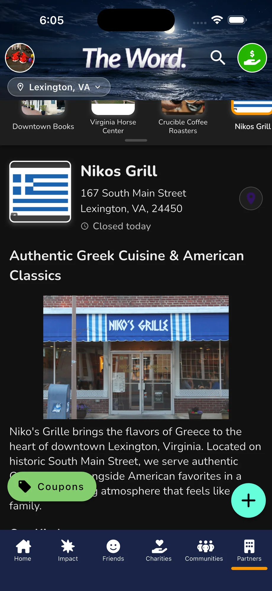 The Word — Partner profile: Niko's Grille in Lexington, VA with storefront photo and coupons