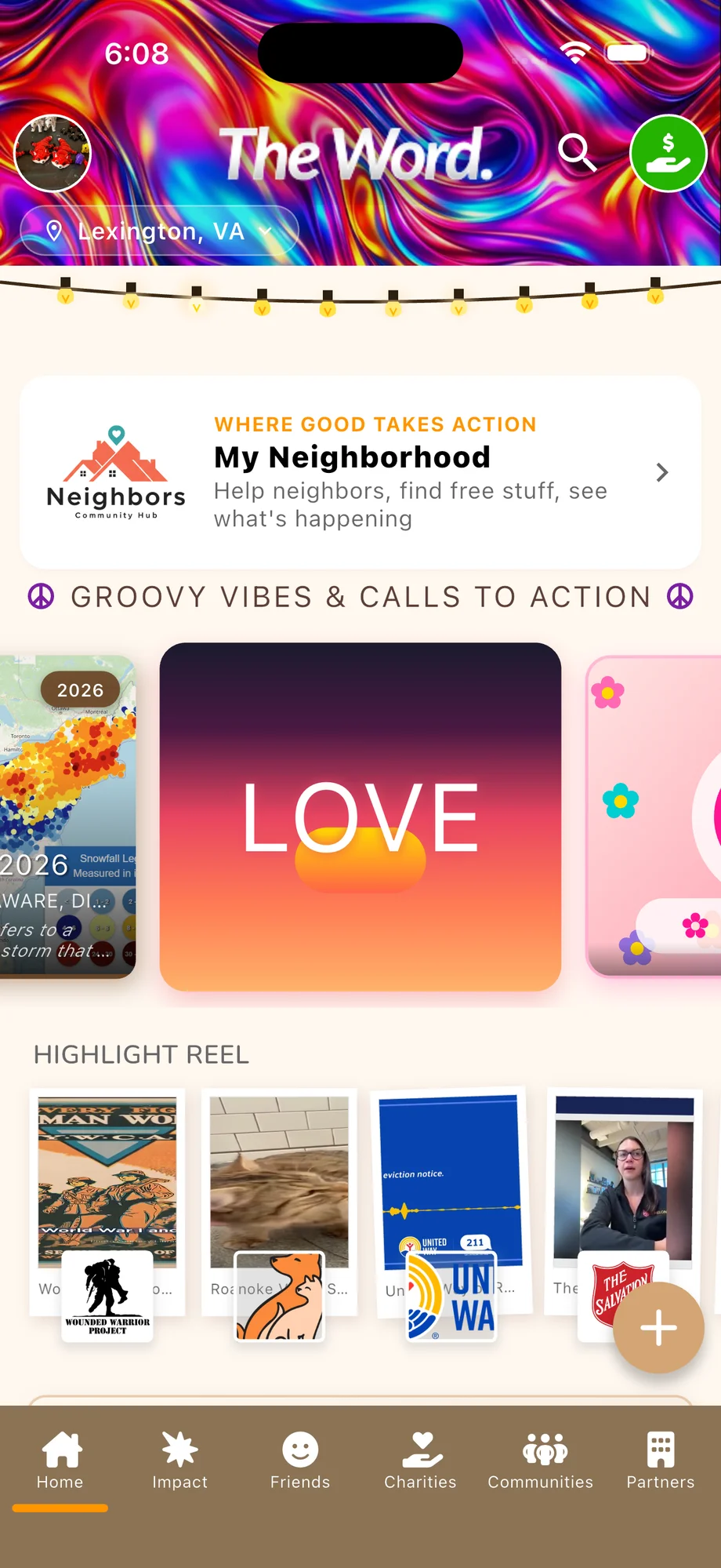 The Word — themed Groovy Vibes home with LOVE card and seasonal banner