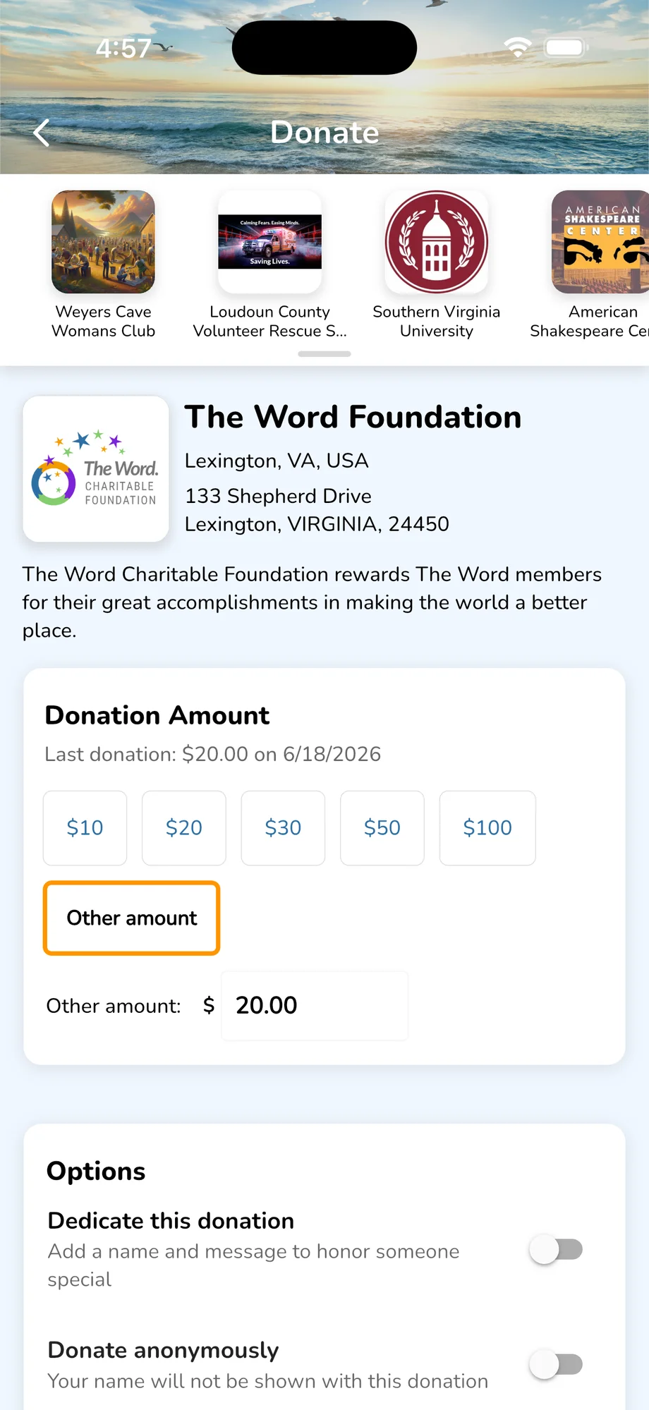 The Word — Donate flow to The Word Foundation with tap-to-give amounts and dedicate options
