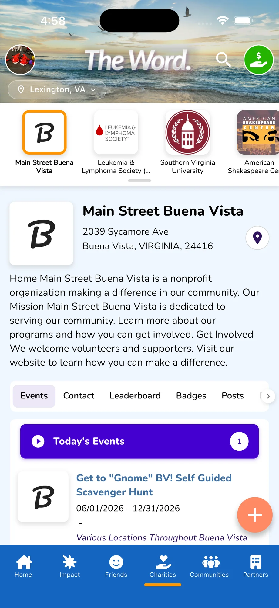 The Word — Charity profile for Main Street Buena Vista with mission, events, leaderboard, and badges