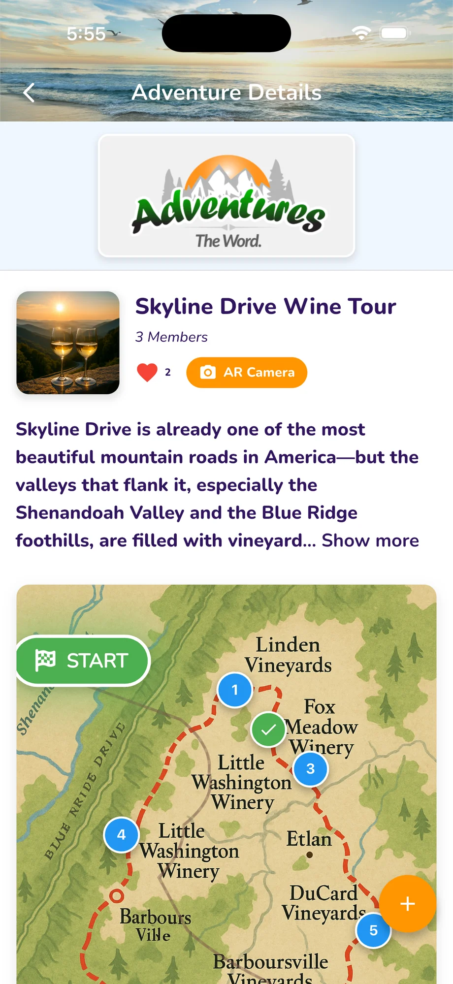 The Word — Adventures: Skyline Drive Wine Tour with illustrated route map