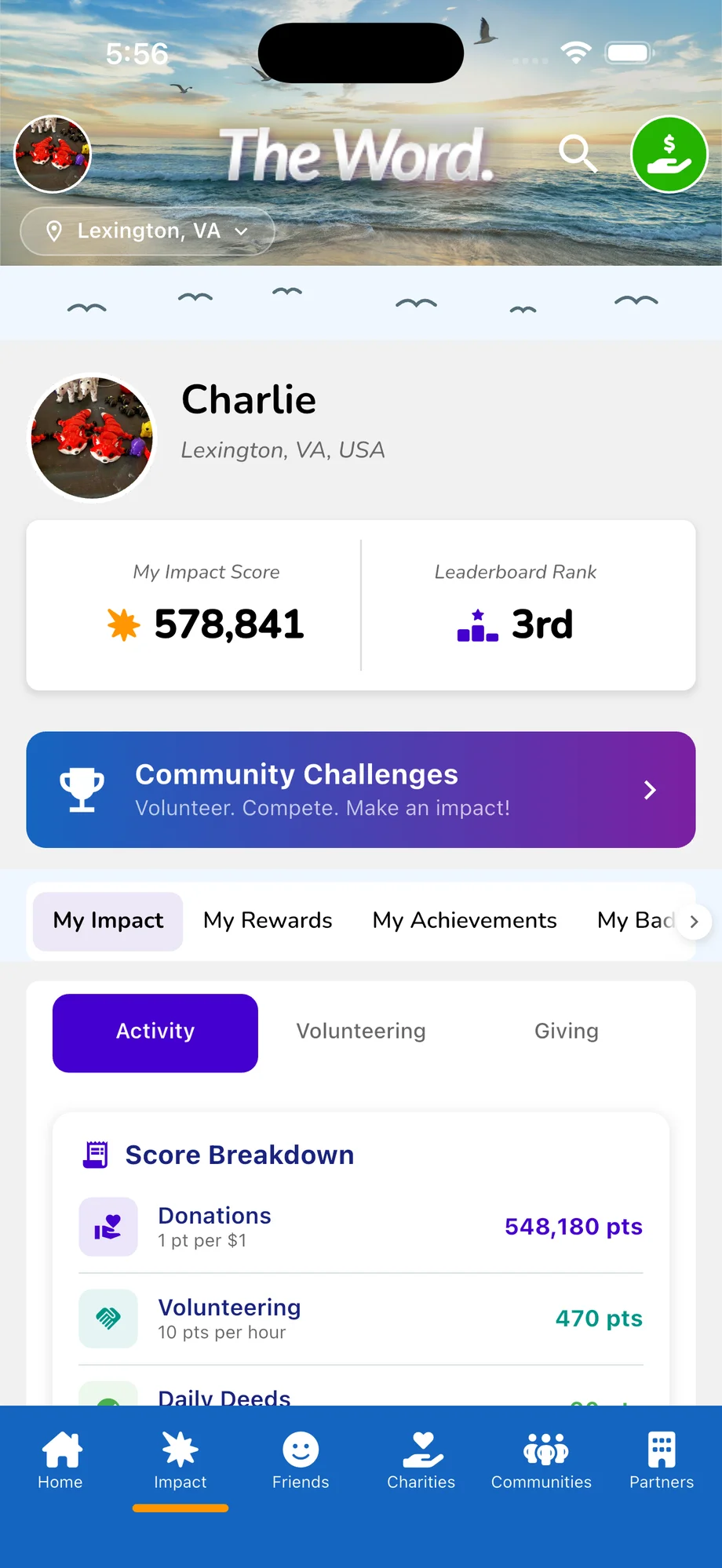The Word — Impact dashboard with leaderboard rank, score breakdown, and Community Challenges